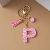 Pink Pompom Letter Keychain English Alphabet Keyring Glitter Gradient Resin Car Mirror Accessory Women Handbag Charms