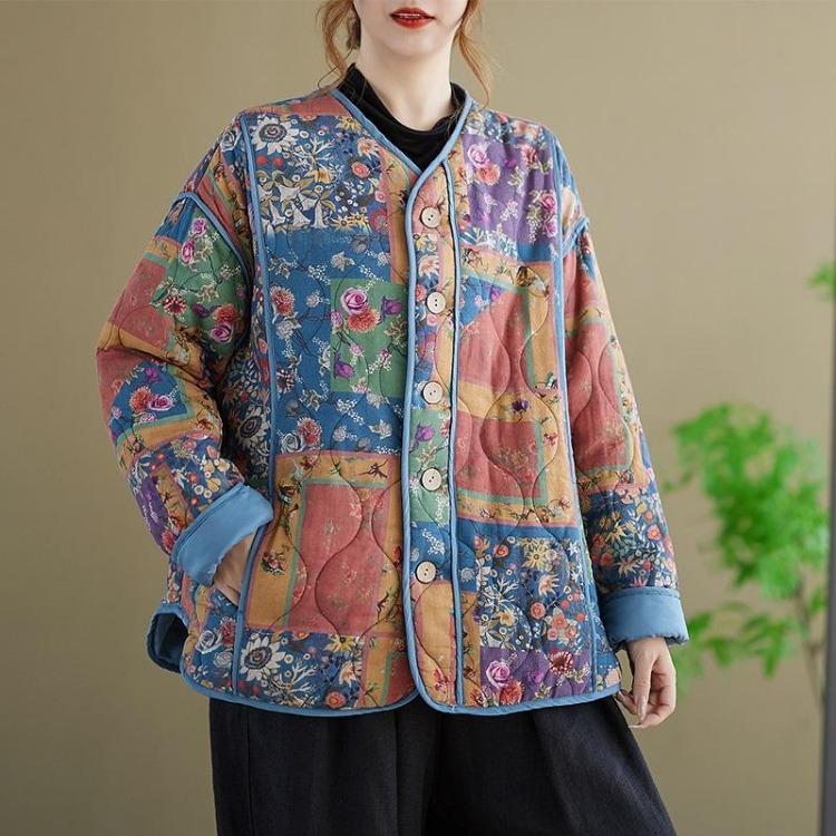 Women Oversized Vintage Floral Jacket Coat Casual Loose Outerwear Cotton Padded Spring Autumn Winter