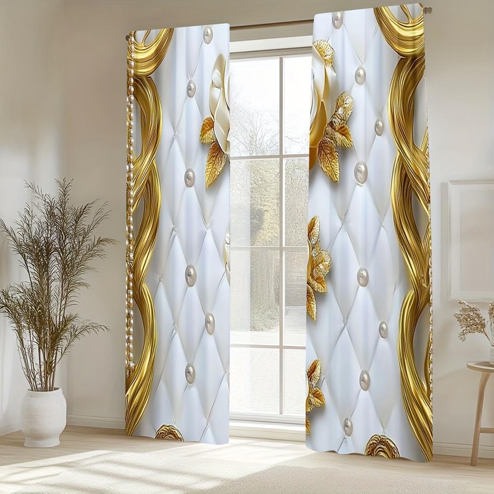 European Style Gold White Curtains All Season Decor Bedroom Living Room Curtain Set Of 2 Elegant Made Polyester Washable Area Ready