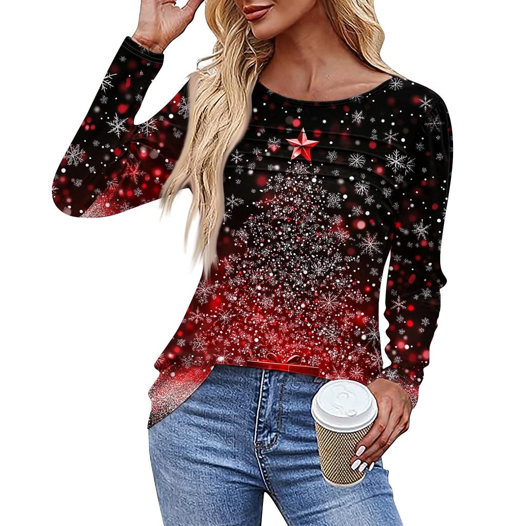Ladies' Casual Fashion Printed Round Neck Long Pleated T-shirt Top Christmas
