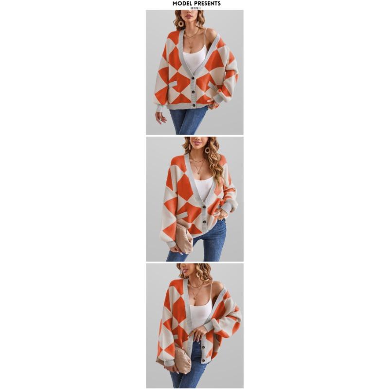Women S V Neck Lantern Sleeve Loose Knit Cardigan Sweater Autumn Winter