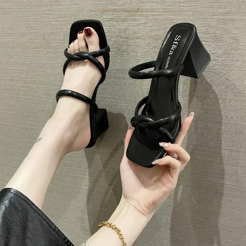 Fashion New Summer Fashion Versatile Women's Slippers Wear Outside Womens High Heels Retro Thick Heel Female Pumps
