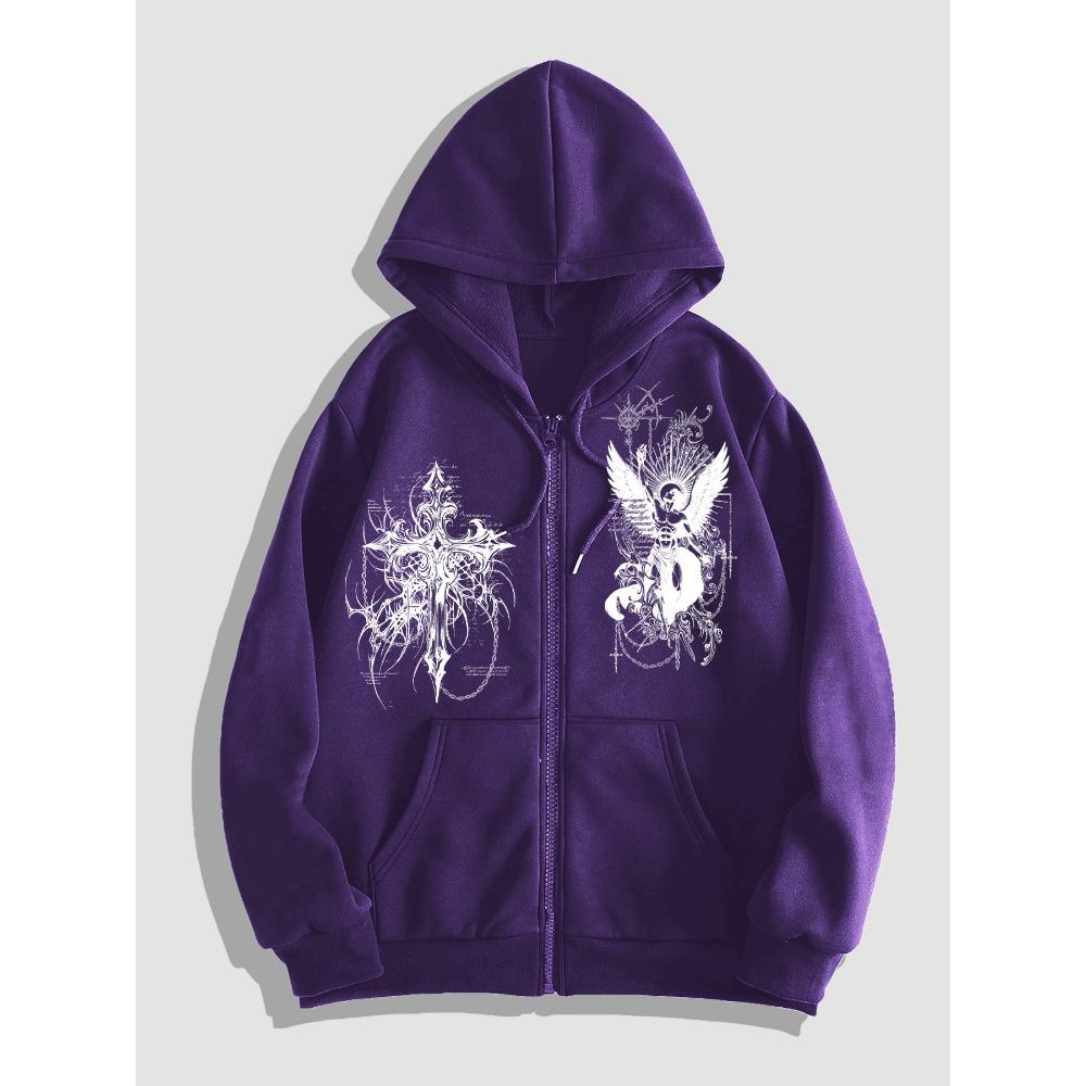 Herrs Huvtröja med Dragkedja och Mörkt Änglatryck, det Perfekta Valet för Avslappnad Streetwear och Trendiga Kläder