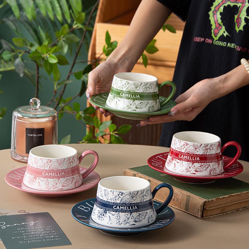 Chinese Style Ceramic Coffee Cup Saucer Set Household Drinking Cup Afternoon Tea Tableware Niche Latte Cup High Looking Girls