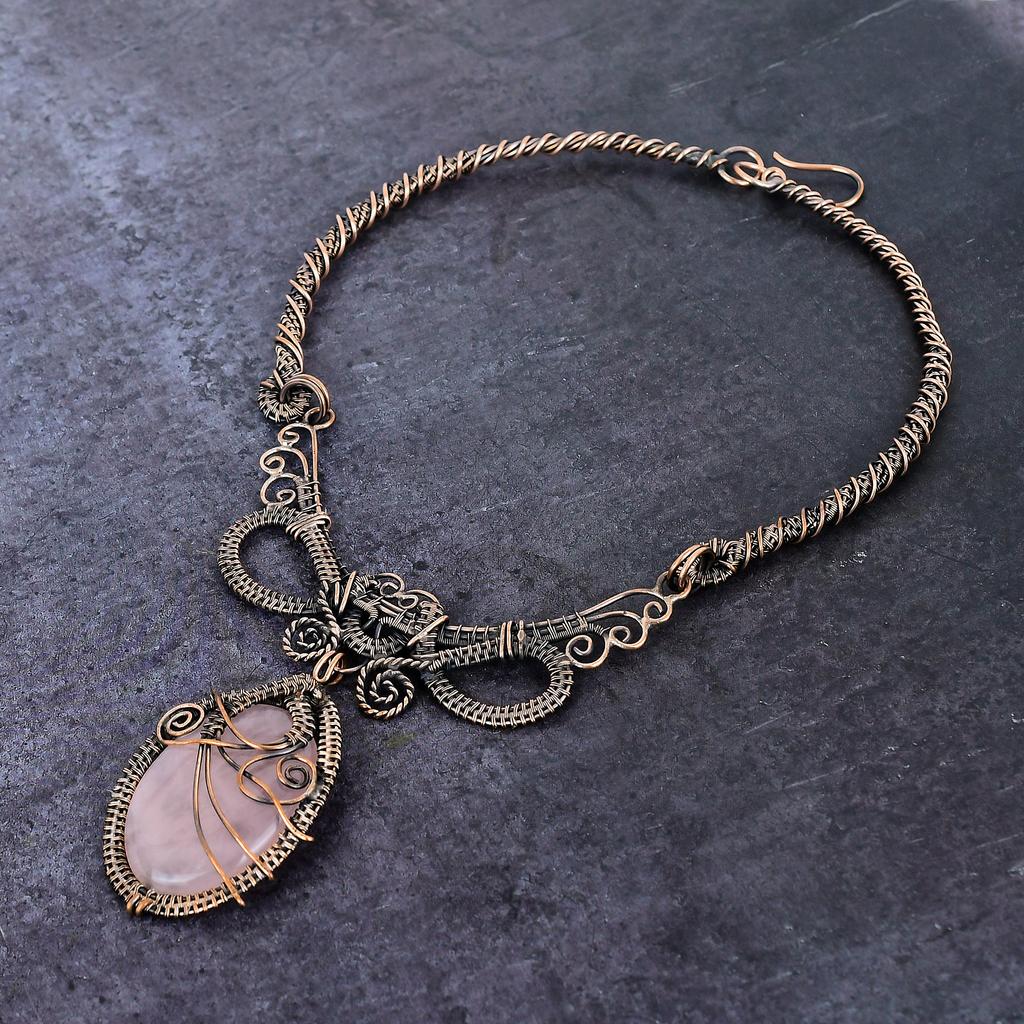 Natural Rose Quartz Gemstone Handmade Copper Wire Wrap Jewelry Necklace 18" D8c73