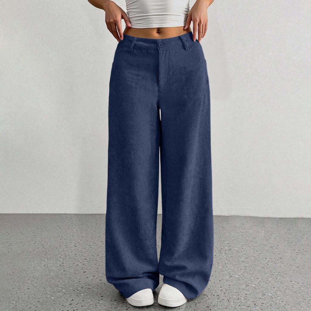 Corduroy Pants For Women Casual Elastic Waist Straight Leg Pants Loose Comfy Trousers With Pockets