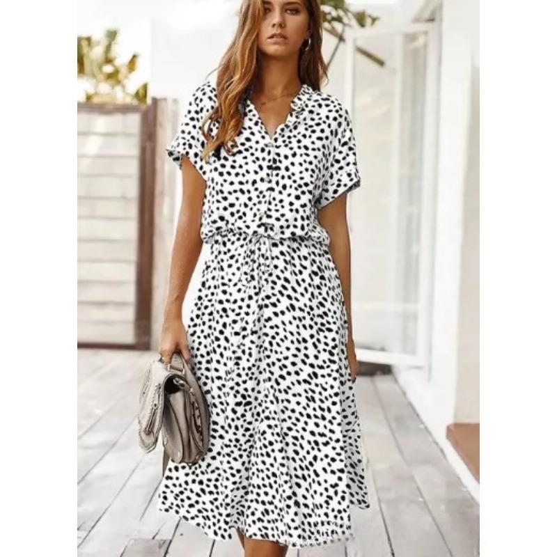 Summer polka dot printed short-sleeved mid-length dress women's fashion all-match elegant temperament