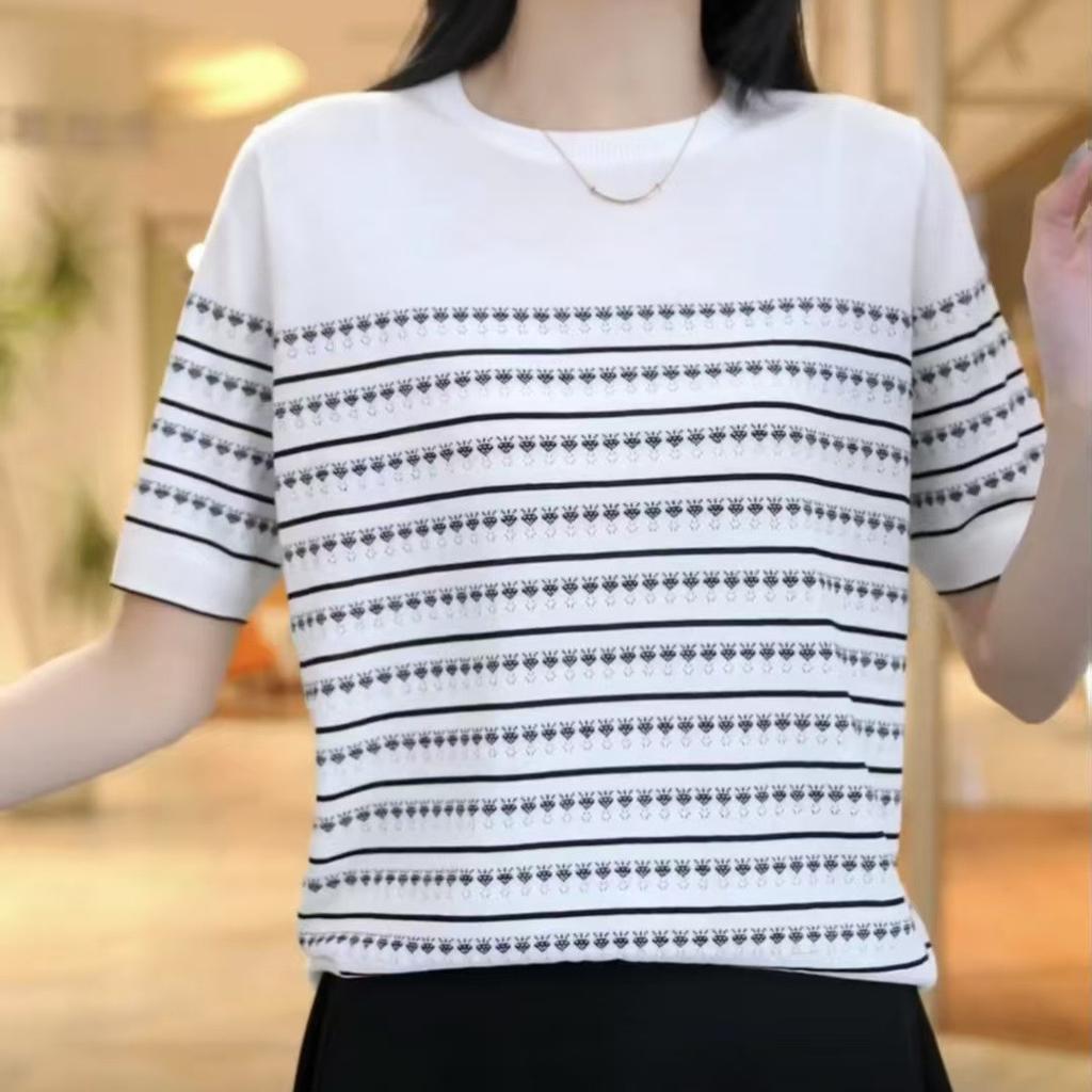 Women's Striped Knitted Shirt Ice Silk Short Sleeve T-shirt Summer Loose Top