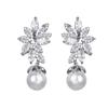 Silver Flower Zirconia Pearl Dangle Earrings for Women