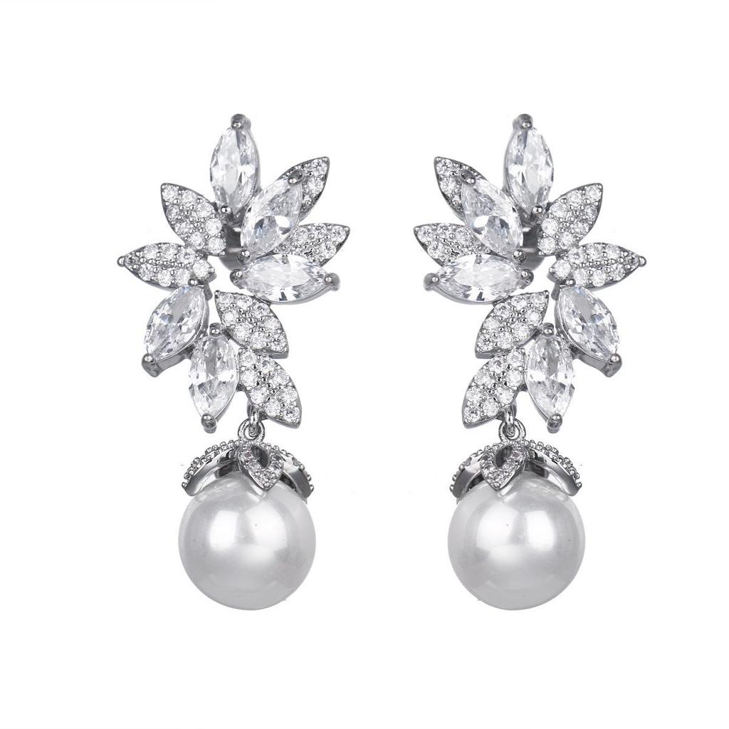 Silver Flower Zirconia Pearl Dangle Earrings for Women