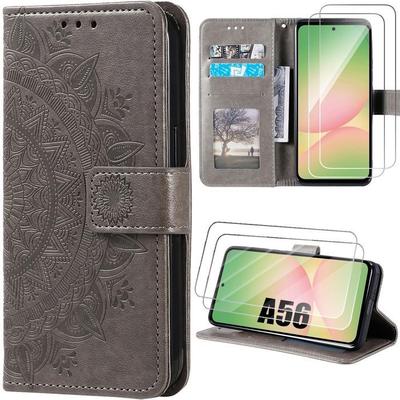 Coque pour Samsung Galaxy A56 5G - BOOLING - Protection Effet Cuir Marron Motif Mandala - 2 Verres Trempés