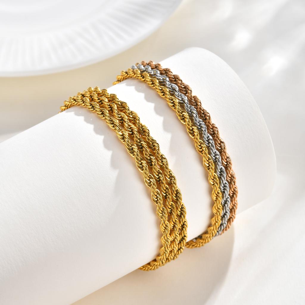 Stainless Steel Triple Layer Twisted Chain Bracelet Gold Plated for Women Stackable Jewelry Waterproof