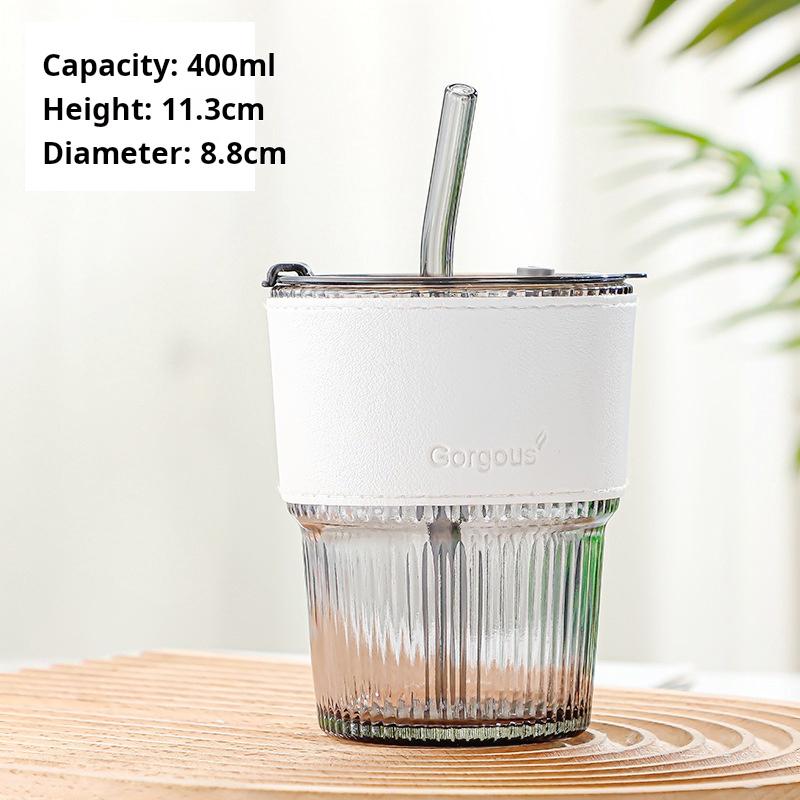 400ml Stripe Glass Cup Transparent Glasses With Lid and Straw Ice Coffee Mug Tea Cup Juice Glass Milk Water Cup Drinkware