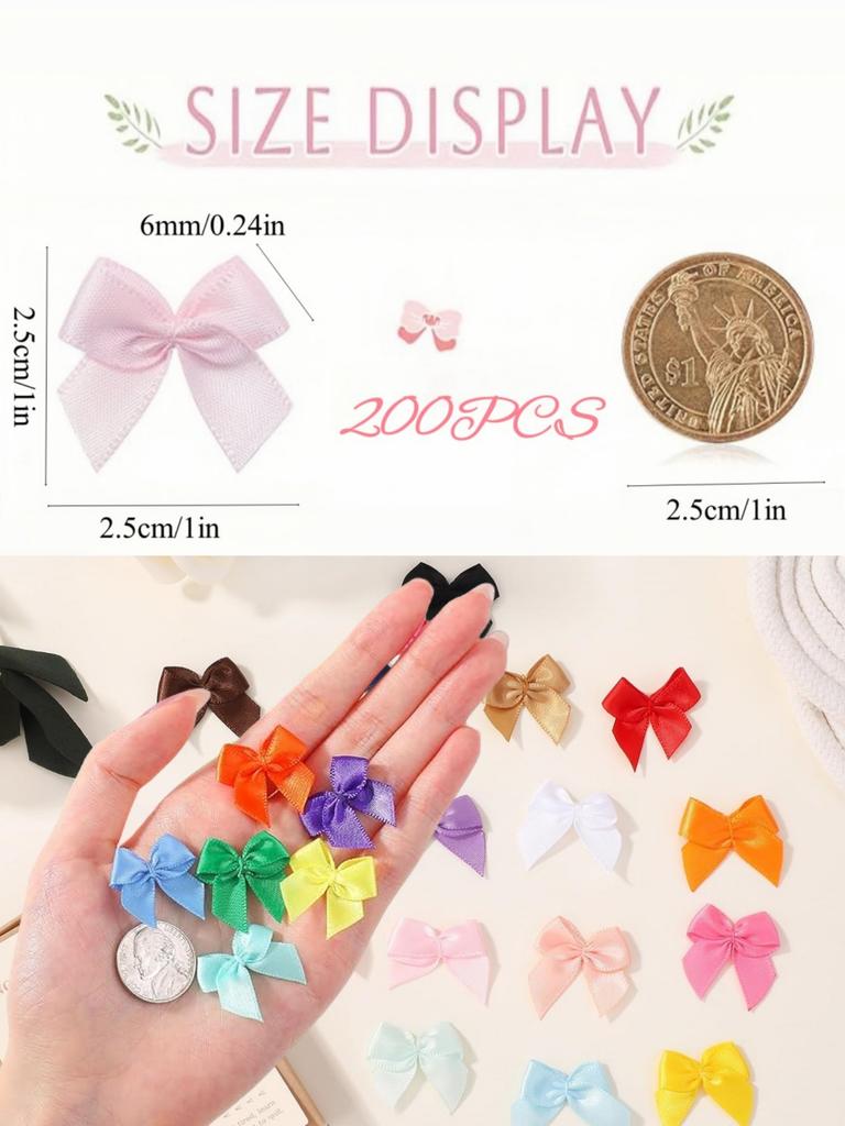 200PCS Multicolor Mini Satin Ribbon Bows Ribbon Small Tiny Bows for DIY Craft Sewing Wedding Birthday Party Gift Box Accessories