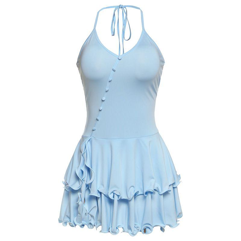 

Outfitgirl Stylish Dancing Ruffles Skirt Hem Halterneck Tied V-neck Waist Tight Single-Breasted Dress Women Blue S