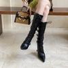 2025 Autumn and Winter New European and American Lace-up Pointed Head Thin Heel High Heel Temperament French Fashion Belt Buckle Women's Boots