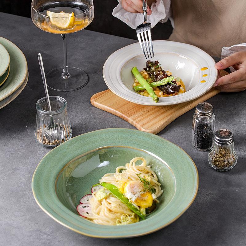 Retro Style Kiln Change Glaze Straw Hat Plate Creative Ceramic Pasta Western Plate Fruit Salad Soup Plate Household Dish