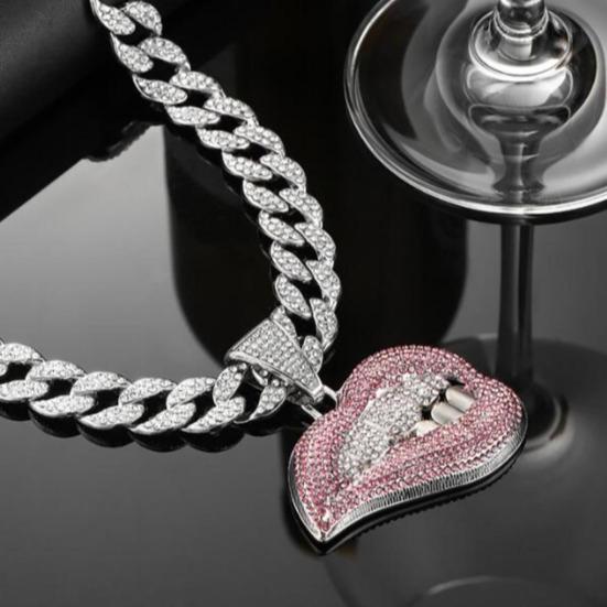 Hip Hop Cuban Link Chain Necklace, Crooked Lip Pendant with Rhinestone, Silver Plated Iced Out Choker Jewelry for Men and Women, Trendy Streetwear