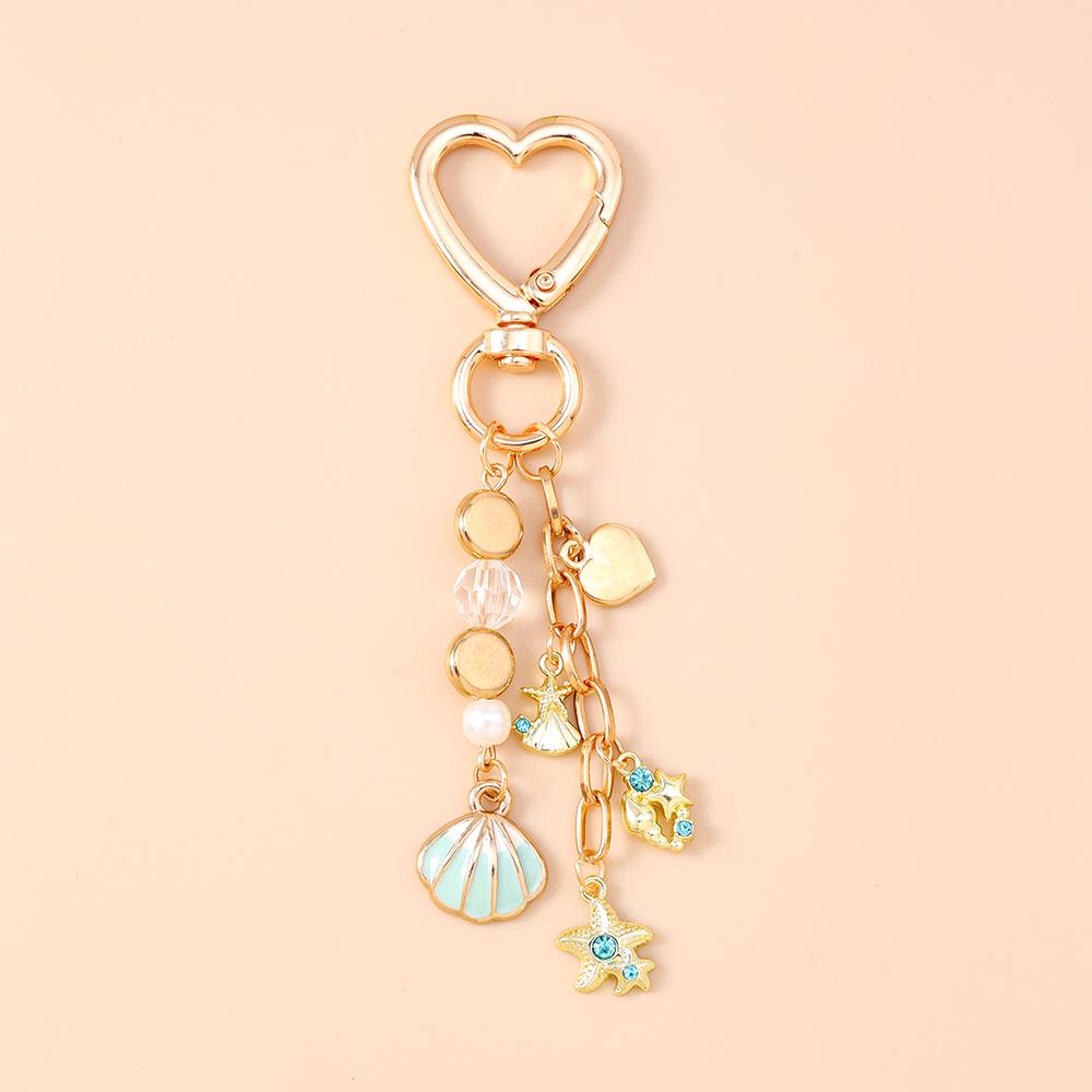 Fashion Summer Beach Shell Starfish Keychain Pearl Crystal Key Ring Pendants for Women Girls Handbag Decor DIY Jewelry Gifts