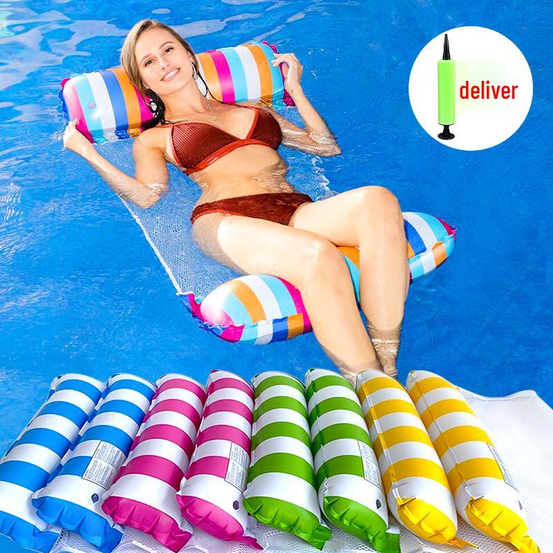 Portable Foldable PVC Striped Water Lounge Chair with Hanging Net - Single Inflatable Floating Bed