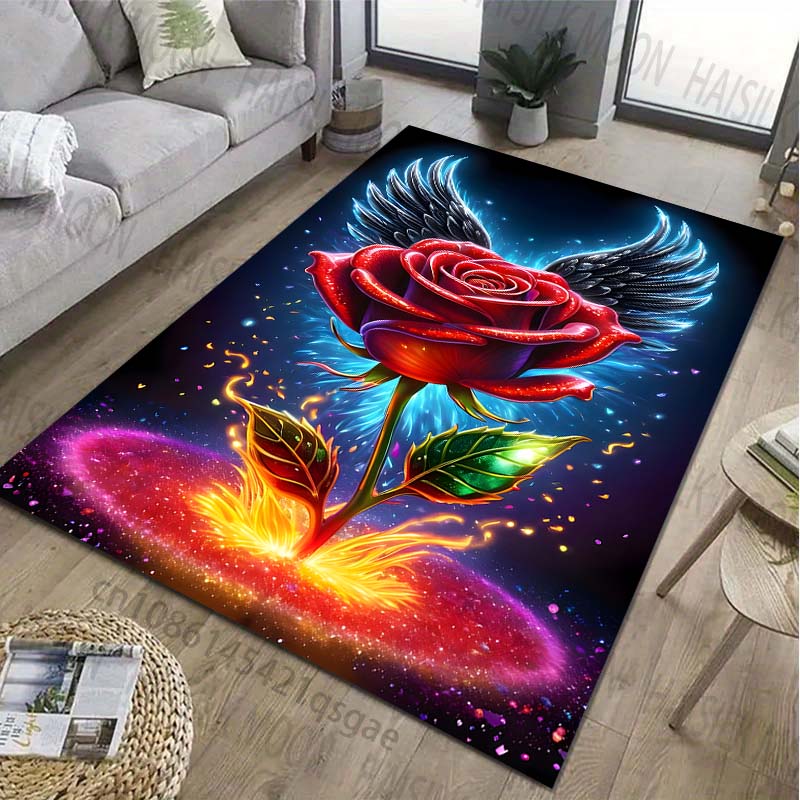 Roses and Angel Wings Printed Carpet for Living Room Bedroom Bedside Bathroom Floor Mat Area Rugged Sofa Mat Home Decor