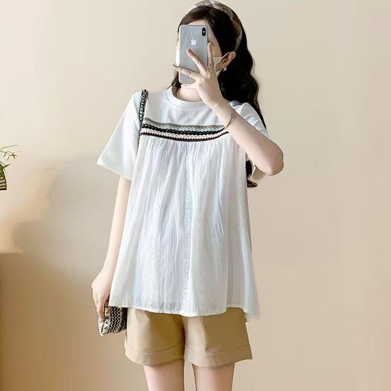 

Korean Style Embroidered Maternity Top Set - Short Sleeve Belly Covering T-Shirt and Doll Shirt Two-Piece XL [125-145 lbs]