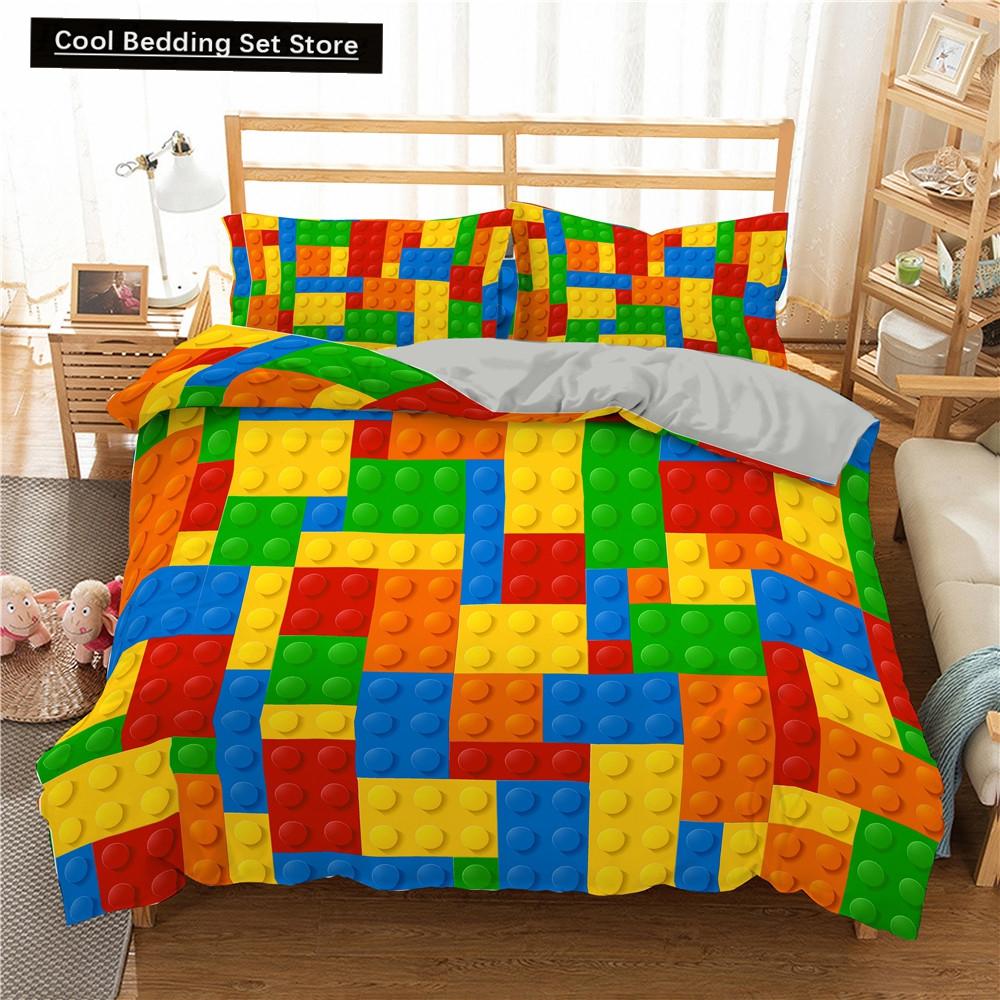 Colorful Toy King Queen Duvet Cover 3D Building Block Pattern Bedding Set Fun Brick Quilt Cover Gradient Rainbow Comforter Cover