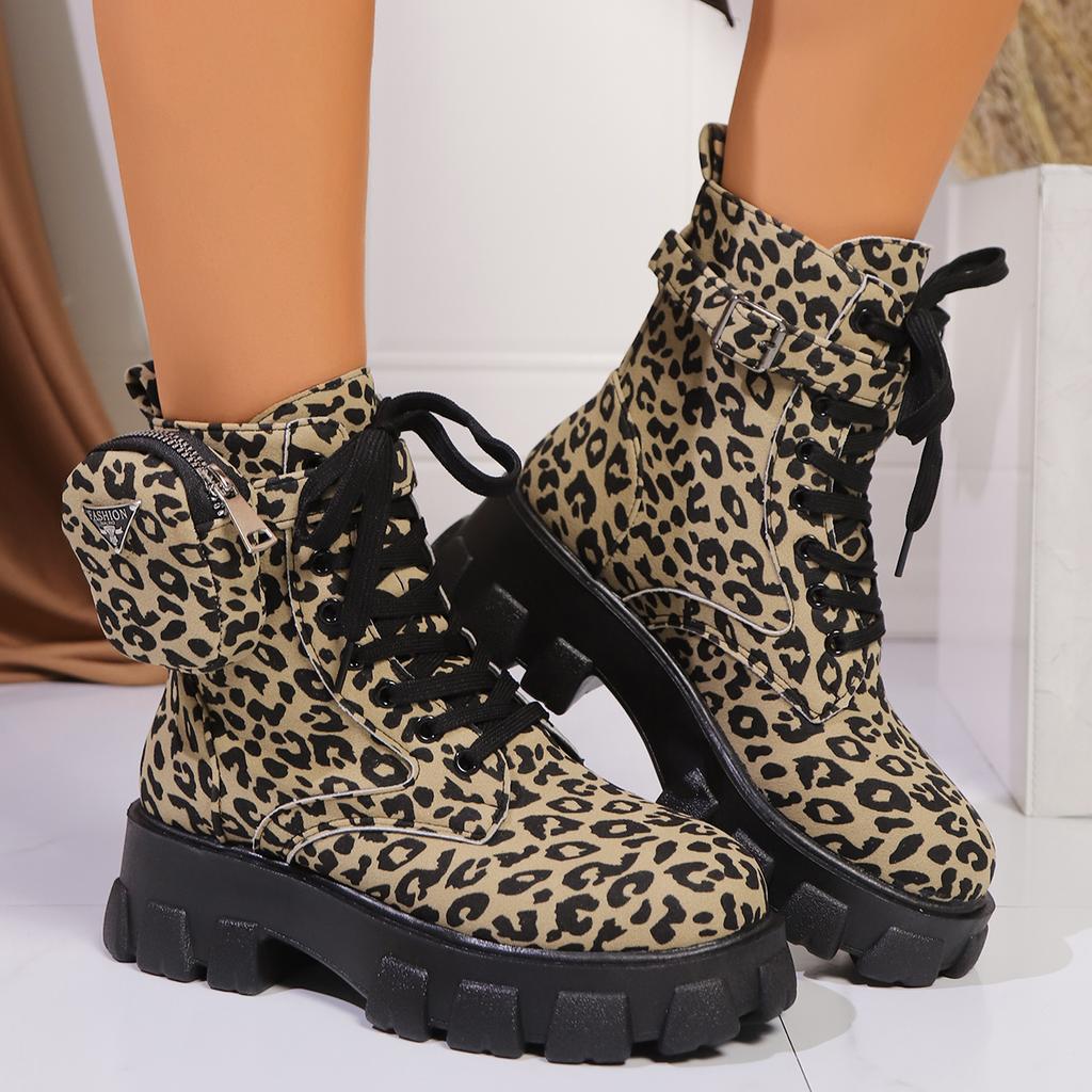 Women's Ankle Boots  Winter New Outdoor leopard print Sexy High Heels Fashion Boots  Lace Up Shoes Women Platform Boots