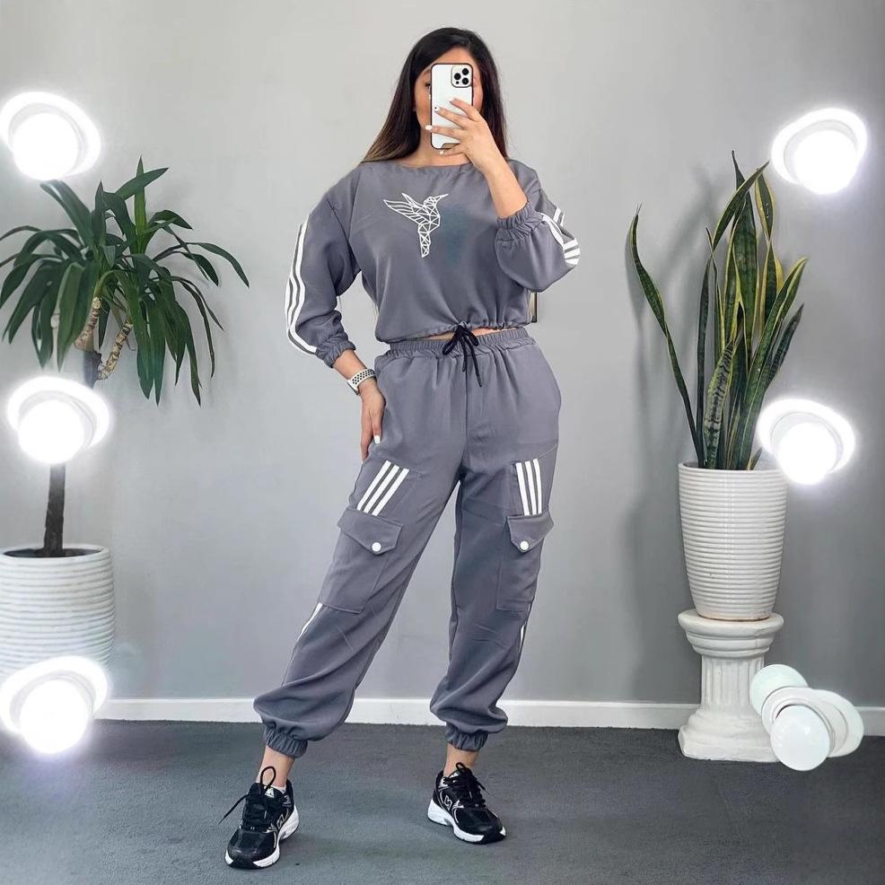 

Round Neck Long Sleeved Fashionable Casual Suit XL сірий колір