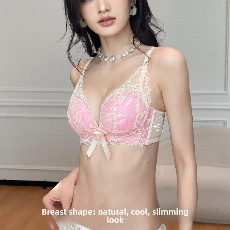 Ropa interior de encaje sexy para mujer, primavera y verano, fruncido, elevación de pecho pequeño, con soporte para prevenir la flacidez, para recibir un par de sujetadores de leche