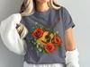 Acoustic Guitar Tee, Vintage Instrument with Red Poppy Flowers and Botanical Foliage