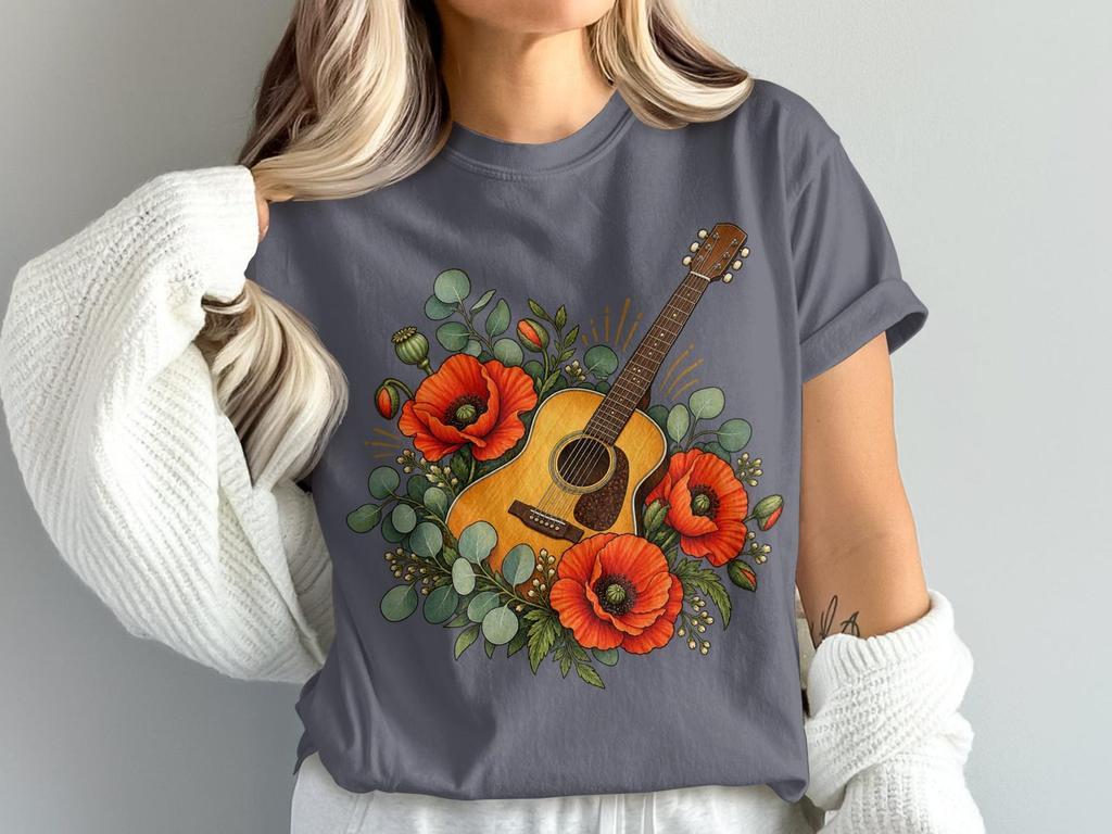 Acoustic Guitar Tee, Vintage Instrument with Red Poppy Flowers and Botanical Foliage