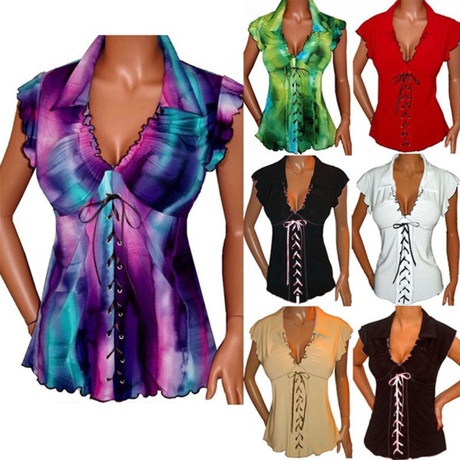

Fashion Womens Lapel Tie Dyed Printing Bandage Short Sleeve Blouse Easy Tops