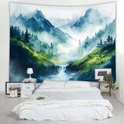 Nature Landscape Tapestry Wall Hanging Mountain Waterfall Forest Scene Green Art for Bedroom Living Room Decor Polyester Print