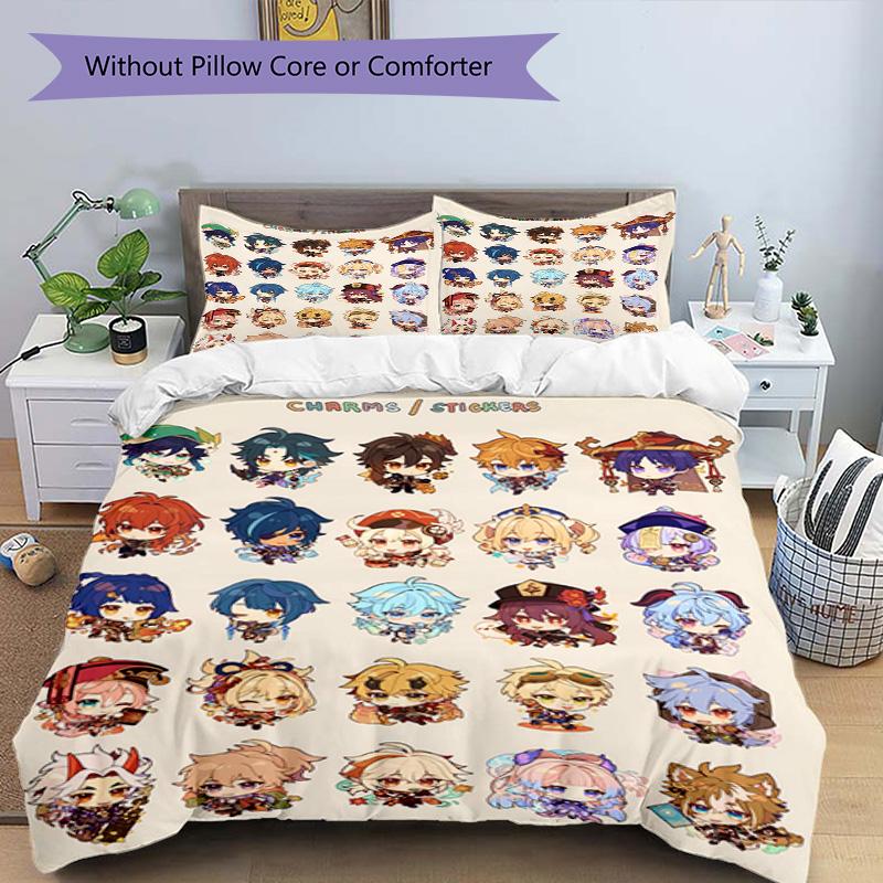 3pcs Duvet Cover Set (1*Duvet Cover + 2*Pillowcase, Without Core), Genshin Impact Print Bedding Set, Bedroom Decor, All‑Season, Birthday Gift
