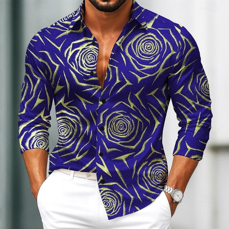 Men s plus Size Floral Lapel Cardigan Casual Loose High-Quality Streetwear Long-Sleeved Holiday Shirt Fashionable S