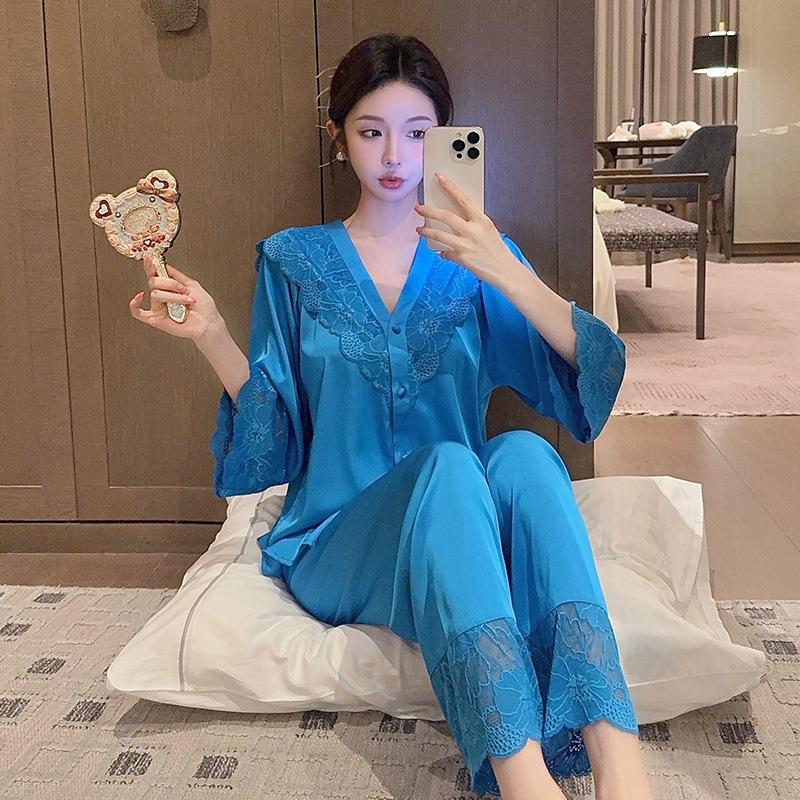 New Ice Silk Pajamas Women's Spring and Autumn High-end Light Luxury French Lace Suit Long-sleeved Cardigan Can Be Worn Outside Loungewear