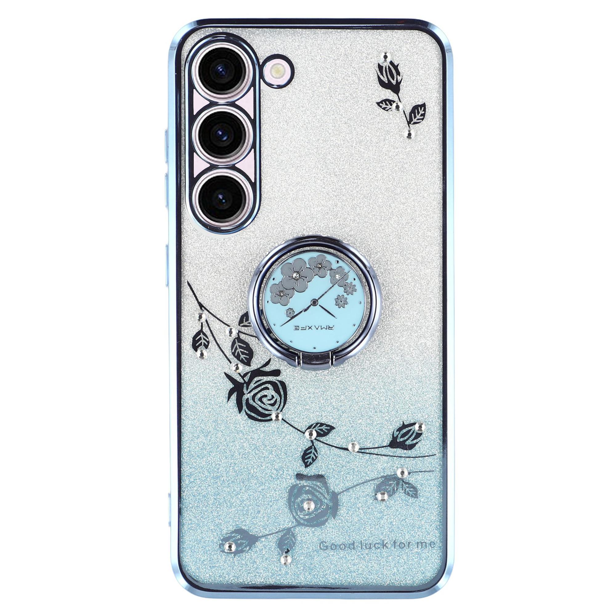 

KADEM For Samsung Galaxy S23 TPU Case with Kickstand Flower Pattern Rhinestone Decor Blue