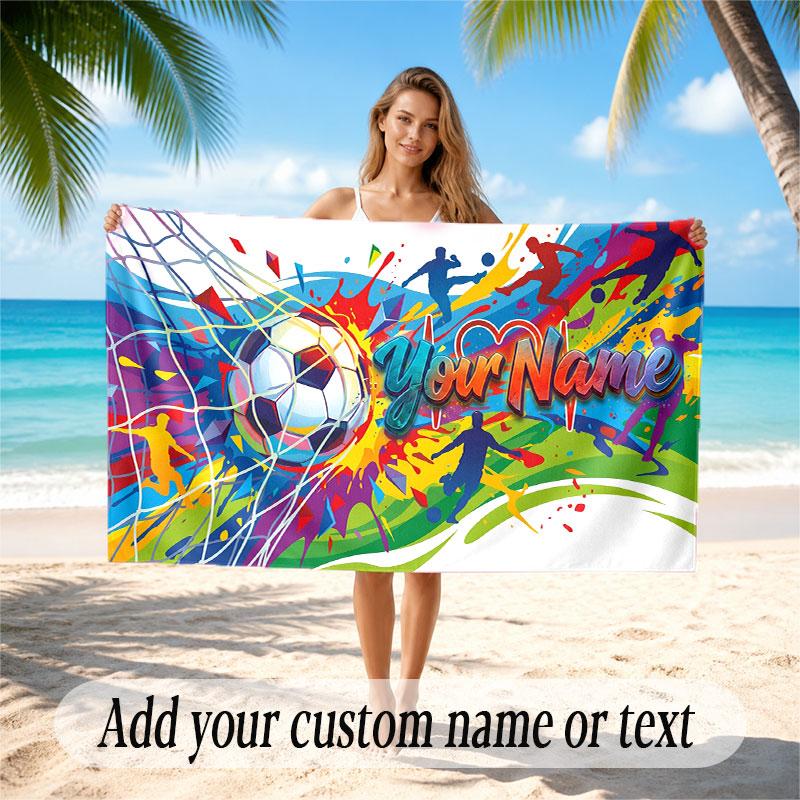 Soccer Theme Beach Towel Personalized Custom Name & Text Soft Quick Dry Beach Towel for Swimming Travel