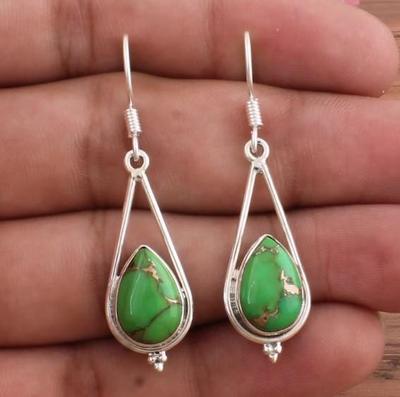 Green Copper Turquoise Earrings, 925 Silver Earring, Pear Gemstone Earring, Boho Handmade Jewelry, New Year Gift,
