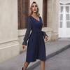 YYFS Women's Fashion Spring Autumn Solid Color Print Long Sleeve V-Neck Middle Waistline Casual Dresses