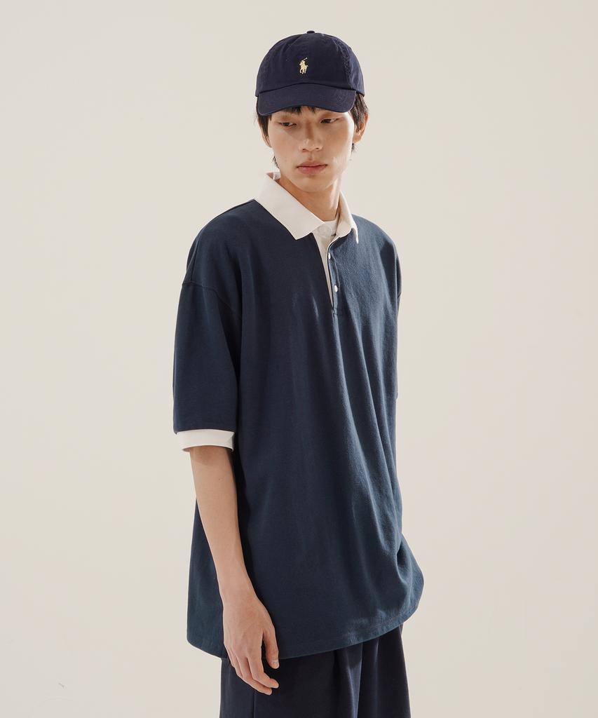 JEMUT Chess Ringer Collared Short Sleeve T-Shirt Navy Kjst2616