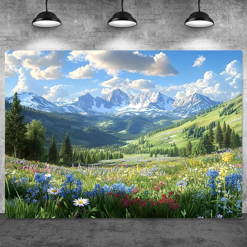 2D Plane, 1 Piece of a Spring-themed Blooming Flower and Mountain Scenery Background Banner