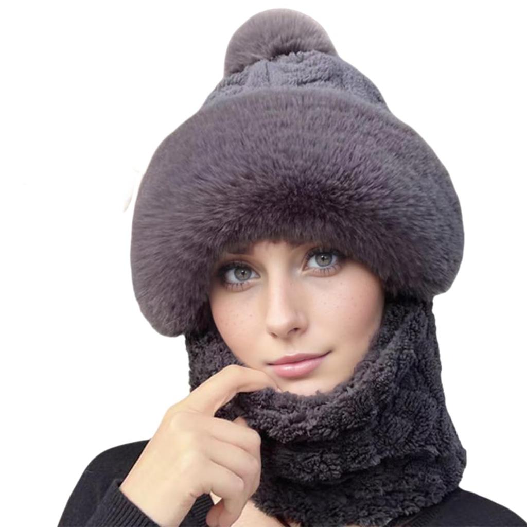 Winter Scarf Hooded Hat Set Women Plush Neck Warm Outdoor Skiing Caps Windproof Plush Hat Thick Plush Fluffy Hood