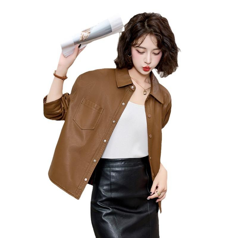 Spring and Autumn New Leather Jacket Women's Fashion Casual Loose and Thin Single-breasted Leather Jacket Trendy