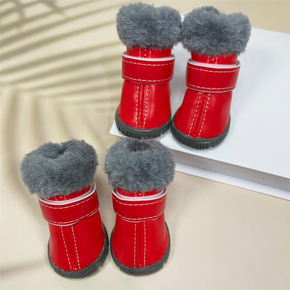 4PCS Plush Winter Pet Dog Shoes Non Slip Anti-Freezing Waterproof Dog Boots PU Leather Warm Dog Fleece Shoes Outdoor Use