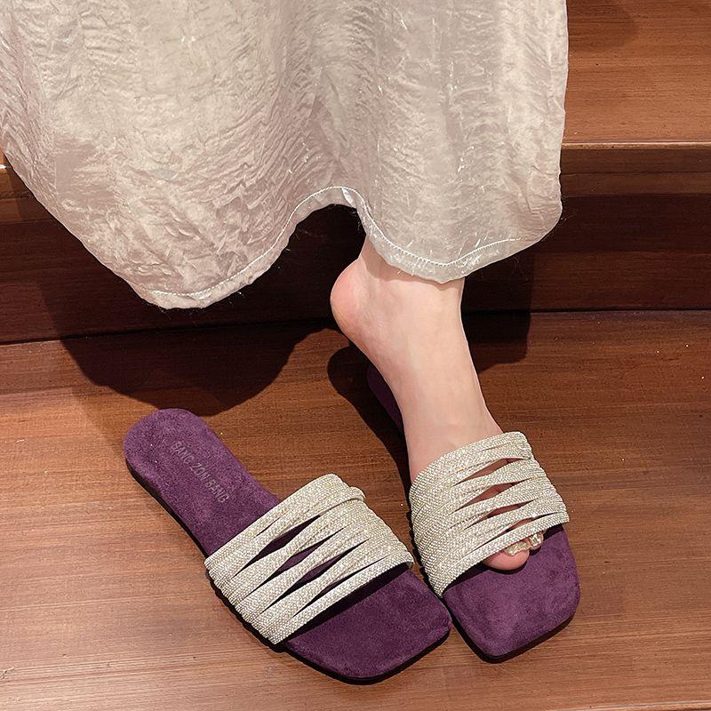Fashion Shoes Open Toe Low Heel Sexy Women's Slippers and Ladies Sandals Rhenstone Slides New Style Small Size Unique Waterproof Korea
