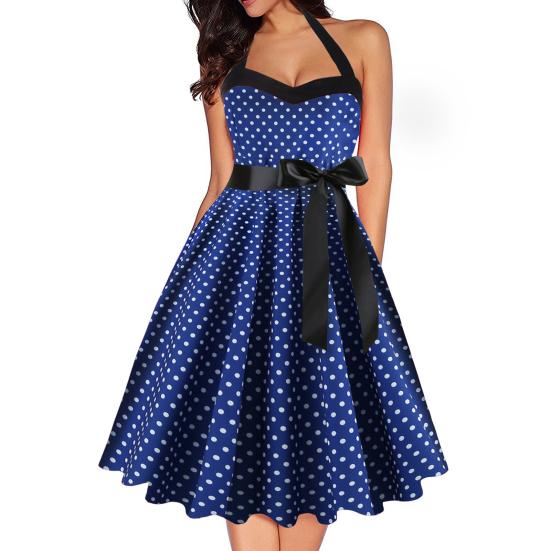 Dot Print Off Shoulder Backless Bowknot Decor A-Line Gown Dress Halter Bandeau Skater Hem Party Dress Female Clothing