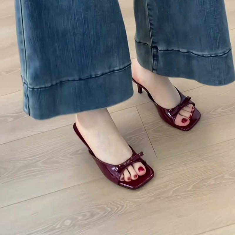 Summer Women Square Toe High Heel Slippers Fashion Butterfly-knot Dress Slide Ladies Evening Party Sandalias