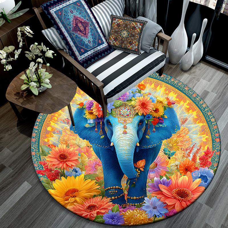 Elephant Round Area Rug,Carpet Rug for Living Room Bedroom Sofa Playroom Decor,Non-slip Floor Mat